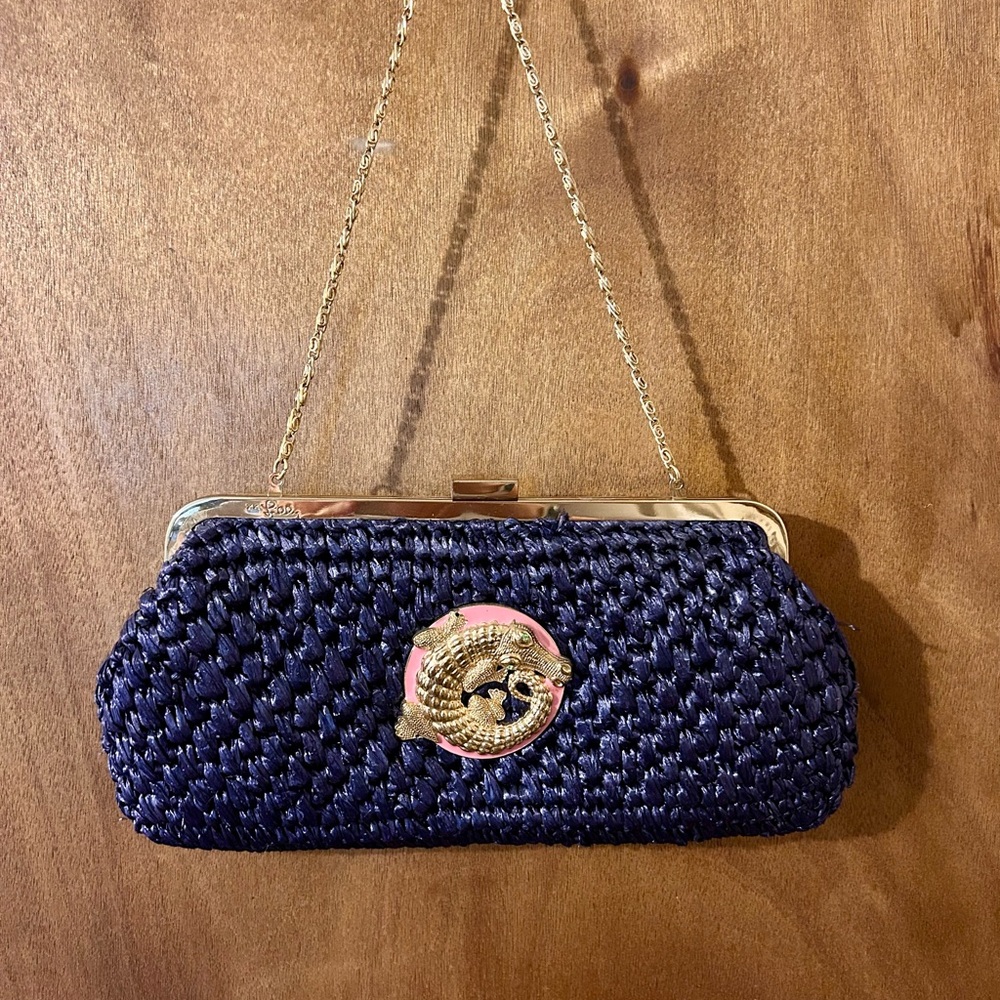 Lilly Pulitzer Navy Blue Woven Clutch with Gold Chain